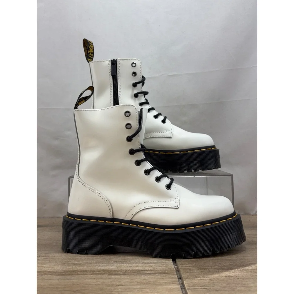 Dr Martens Jadon White Smooth Leather Platform‎ Boots Chunky Sole Side Zip